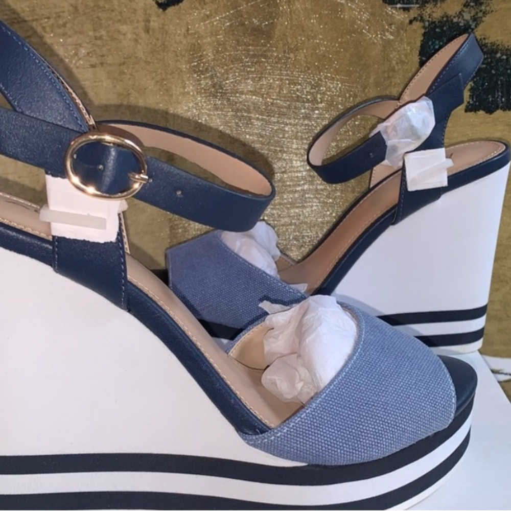 New pair of size 8 wedge navy blue & white heels